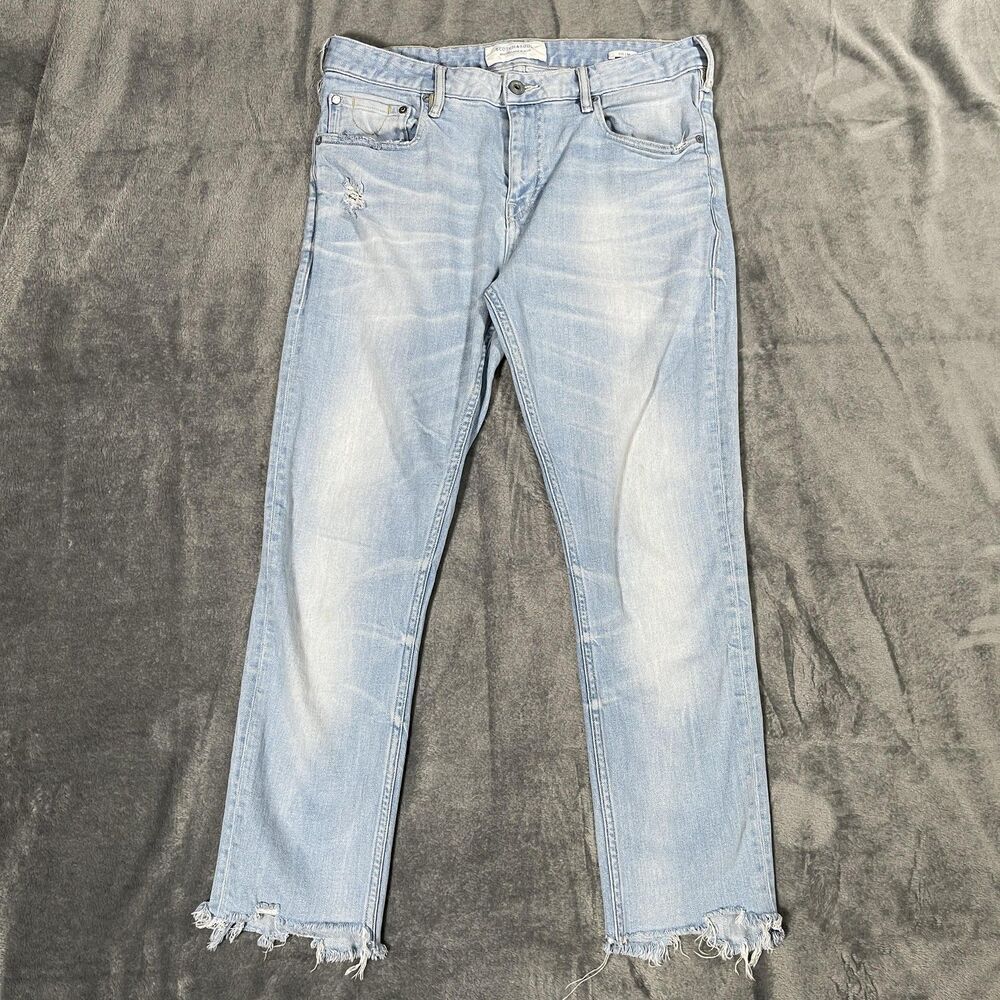 Scotch & Soda Skim Jeans Mens 31x25 Light Wash Slim Distressed Raw Hem